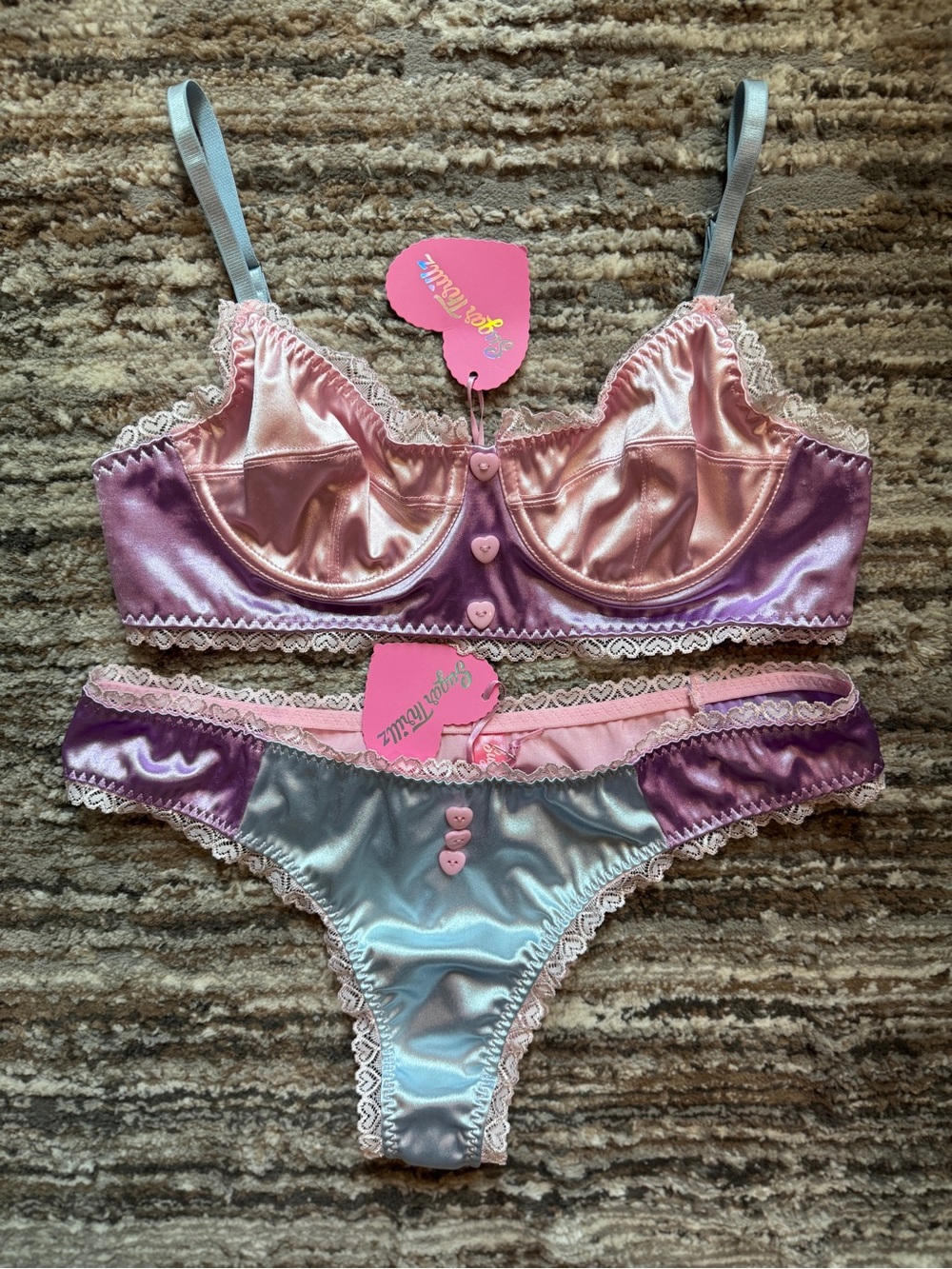 Heart-Button Satin Bralette (L) & Thong (XL) Set - Pink, Purple, Light Blue